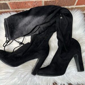 Shoe Dazzle Black Faux Suede Over the Knee High Tied Block Heeled Boots